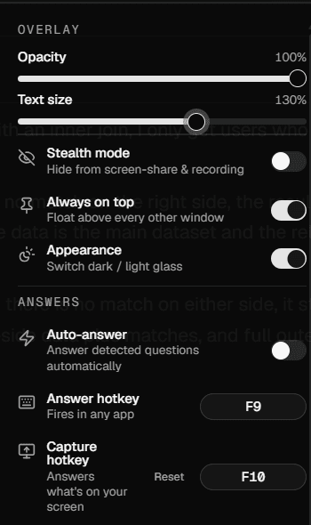 The overlay's settings panel: sliders for opacity and text size, toggles for stealth mode, always on top and appearance, then an answers section with an auto-answer toggle and the answer and capture hotkeys bound to F9 and F10.